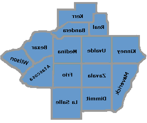 Texas Education Agency Educational Service Center Region 20 Map including Kerr, Real, Bandera, Kinney, Uvalde, Medina, Bexar, Wilson, Maverick, Zavala, Frio, Dimmit, La Salle, Atascosa and parts of Bell, Comal, Karnes, Kendall, and Guadalupe counties